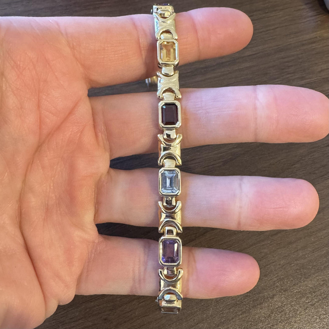 14k Yellow Gold 25.4g Heavy Ladies Bezel Set Multi Gemstone Link Bracelet 7.25"
