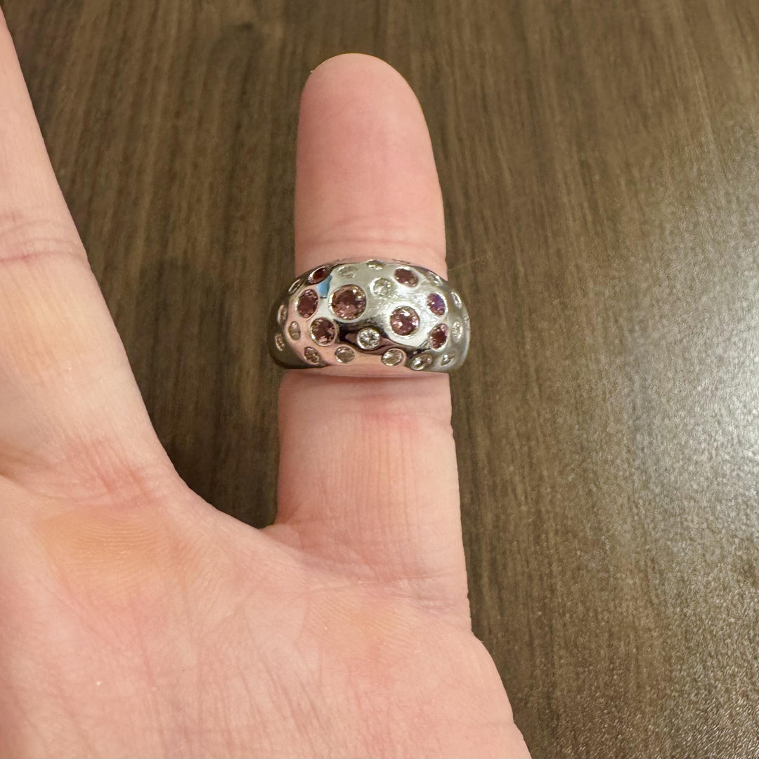 14k White Gold Flush Set Pink Sapphire and Diamond Dome Ring Size 7