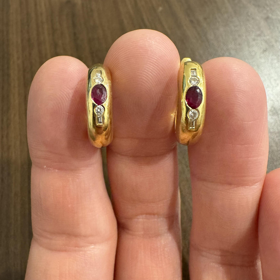 18k Yellow Gold Ruby and Diamond 10g Vintage Hoop Earrings