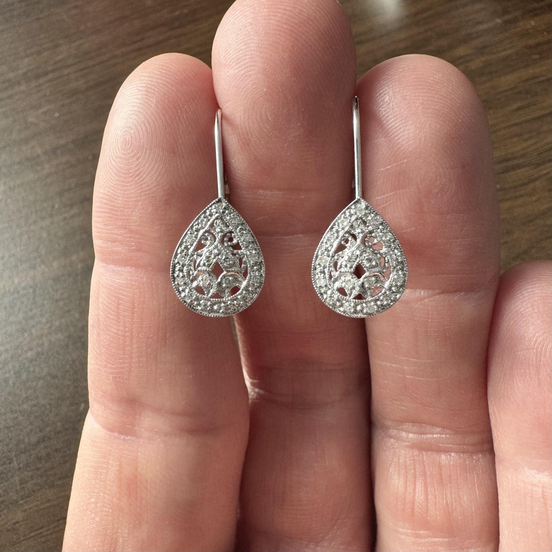 14k White Gold and 0.20cttw Diamond Vintage Filigree Tear Drop Earrings 1"