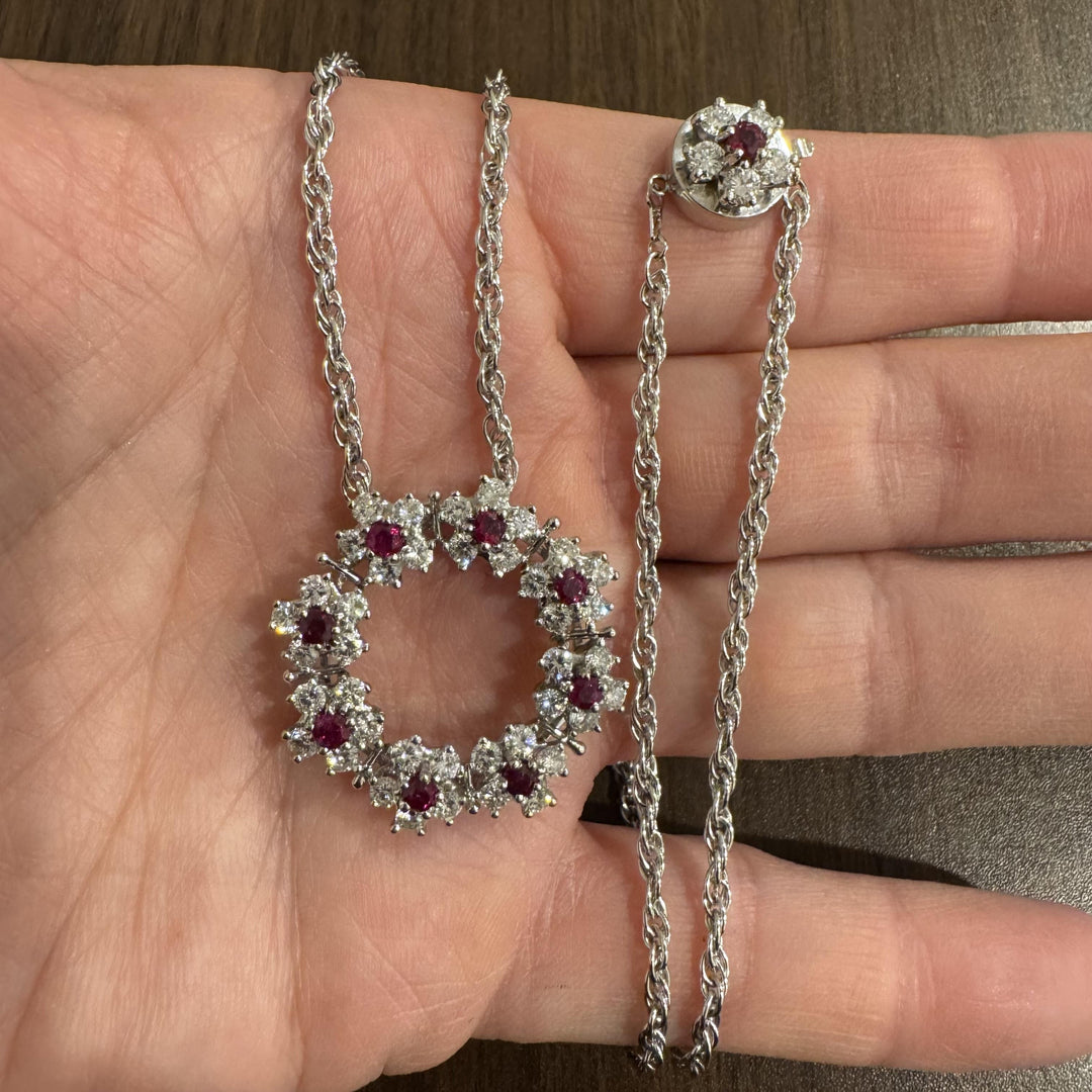 14k White Gold Ruby and 3.50cttw Diamond Solid Circle Pendant Necklace 23"
