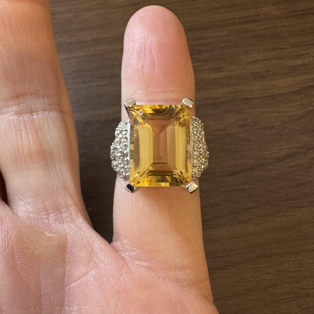 14k White Gold 11.8ct Emerald Cut Citrine and Diamond Ring Size 7