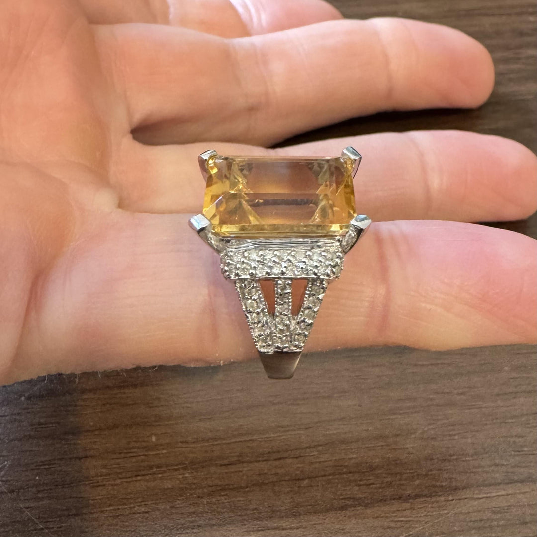 14k White Gold 11.8ct Emerald Cut Citrine and Diamond Ring Size 7