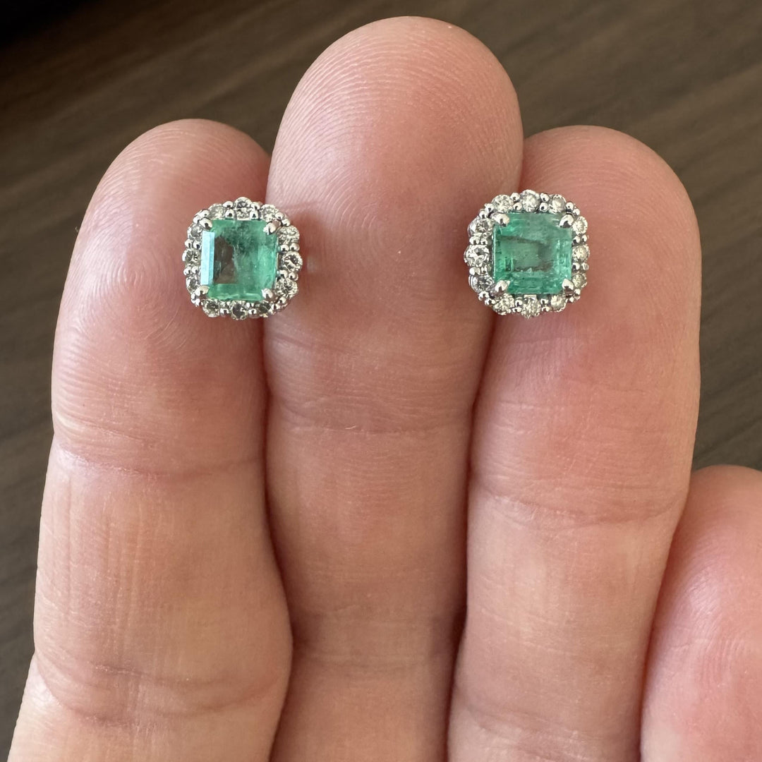 18k White Gold 1.56cttw Colombian Emerald and Diamond Halo Stud Earrings