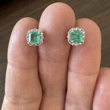18k White Gold 1.56cttw Colombian Emerald and Diamond Halo Stud Earrings