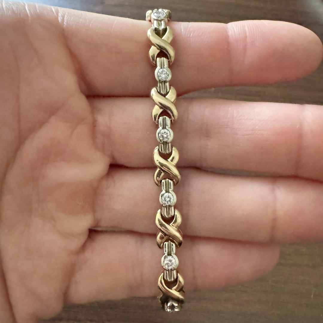 14k Yellow and White Gold 1.2ct Diamond X Link Bracelet 7.25"