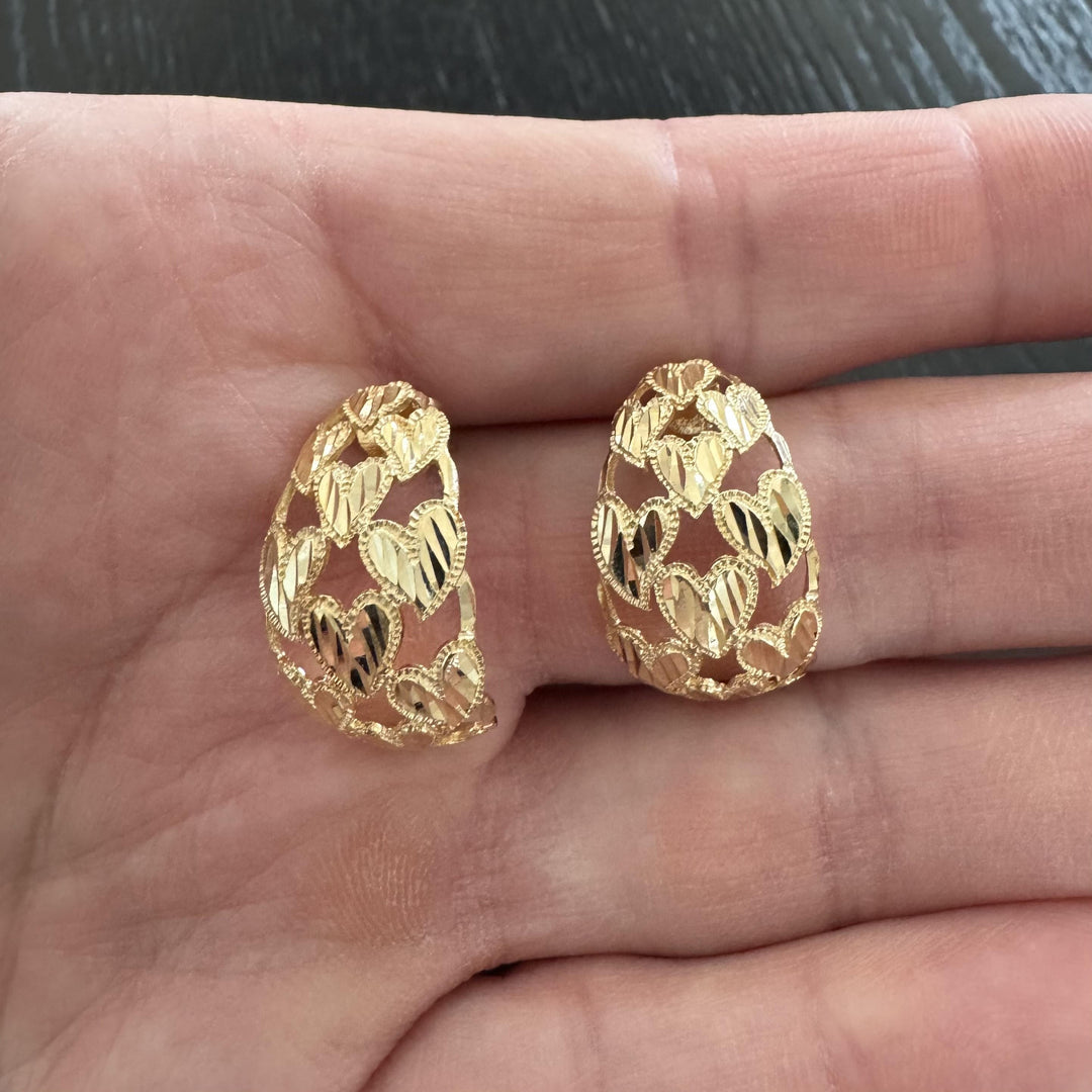 18k Yellow Gold 6.4g Solid Diamond Cut Heart Earrings 1"