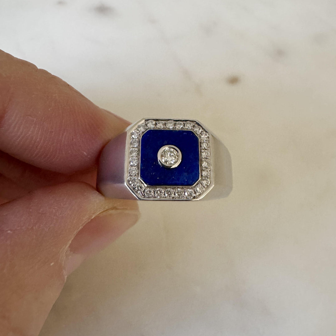 Cirari 14k White Gold Lapis Lazuli and Diamonds Men's Ring Size 11