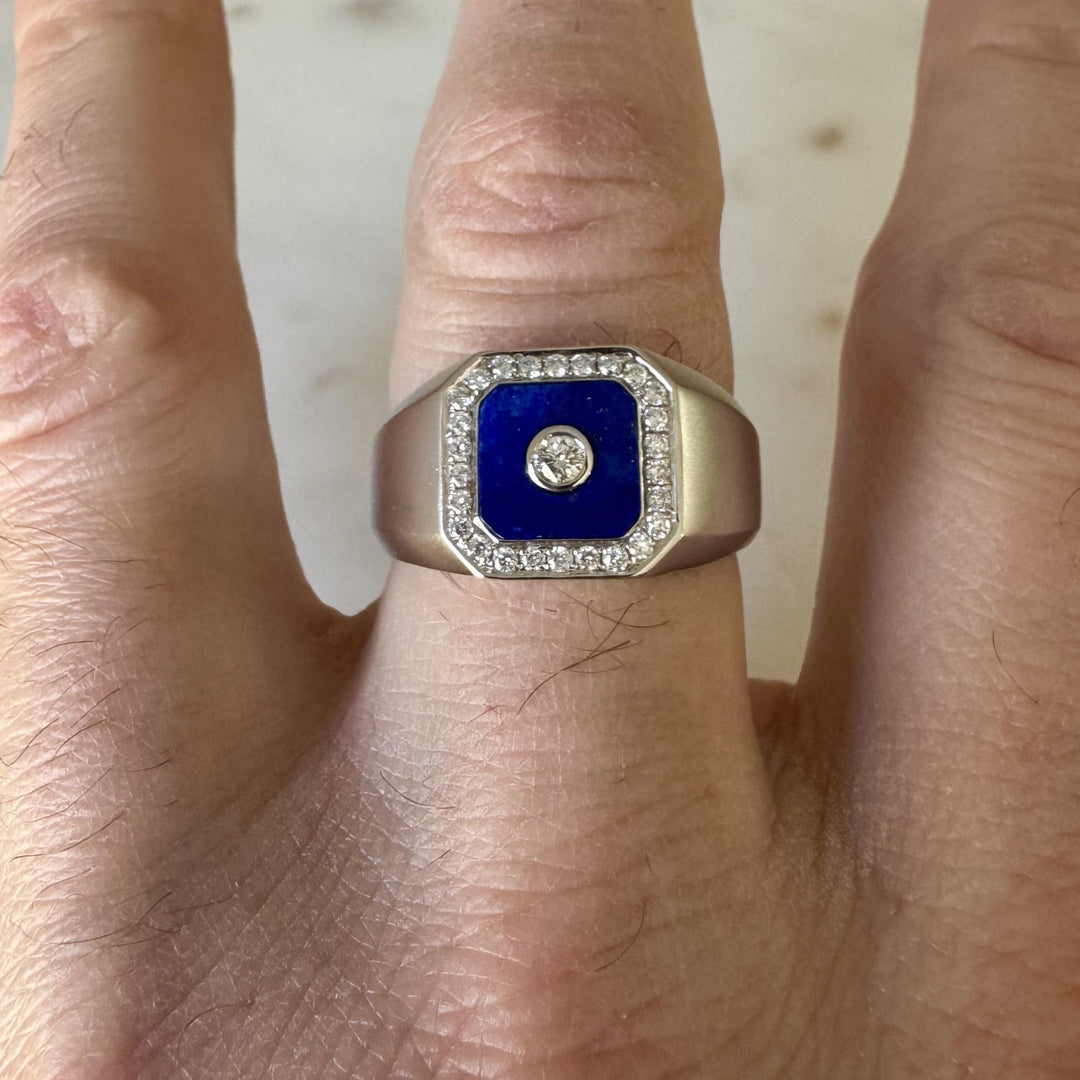 Cirari 14k White Gold Lapis Lazuli and Diamonds Men's Ring Size 11