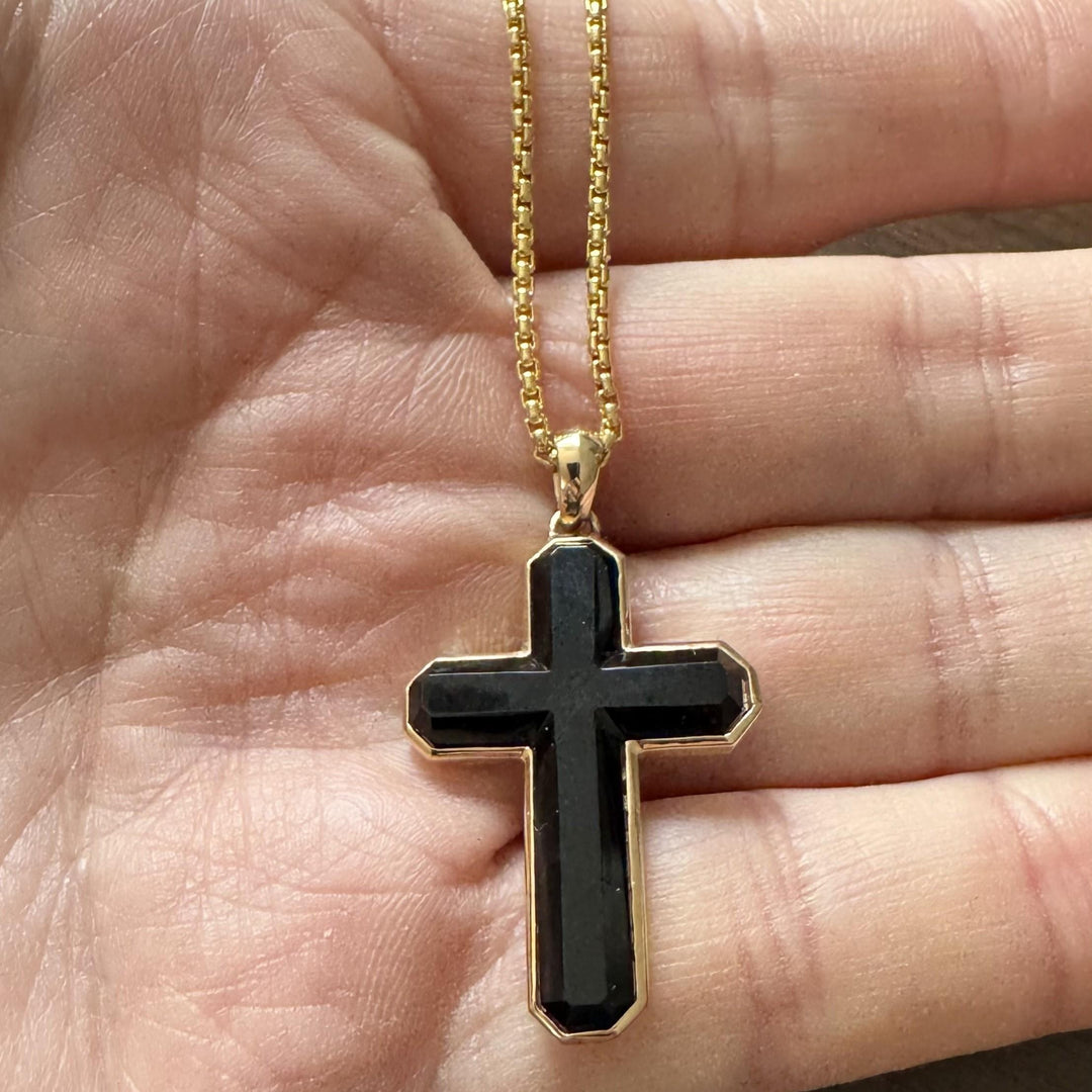 Effy 14k Yellow Gold and Black Onyx Cross Pendant Necklace 24"