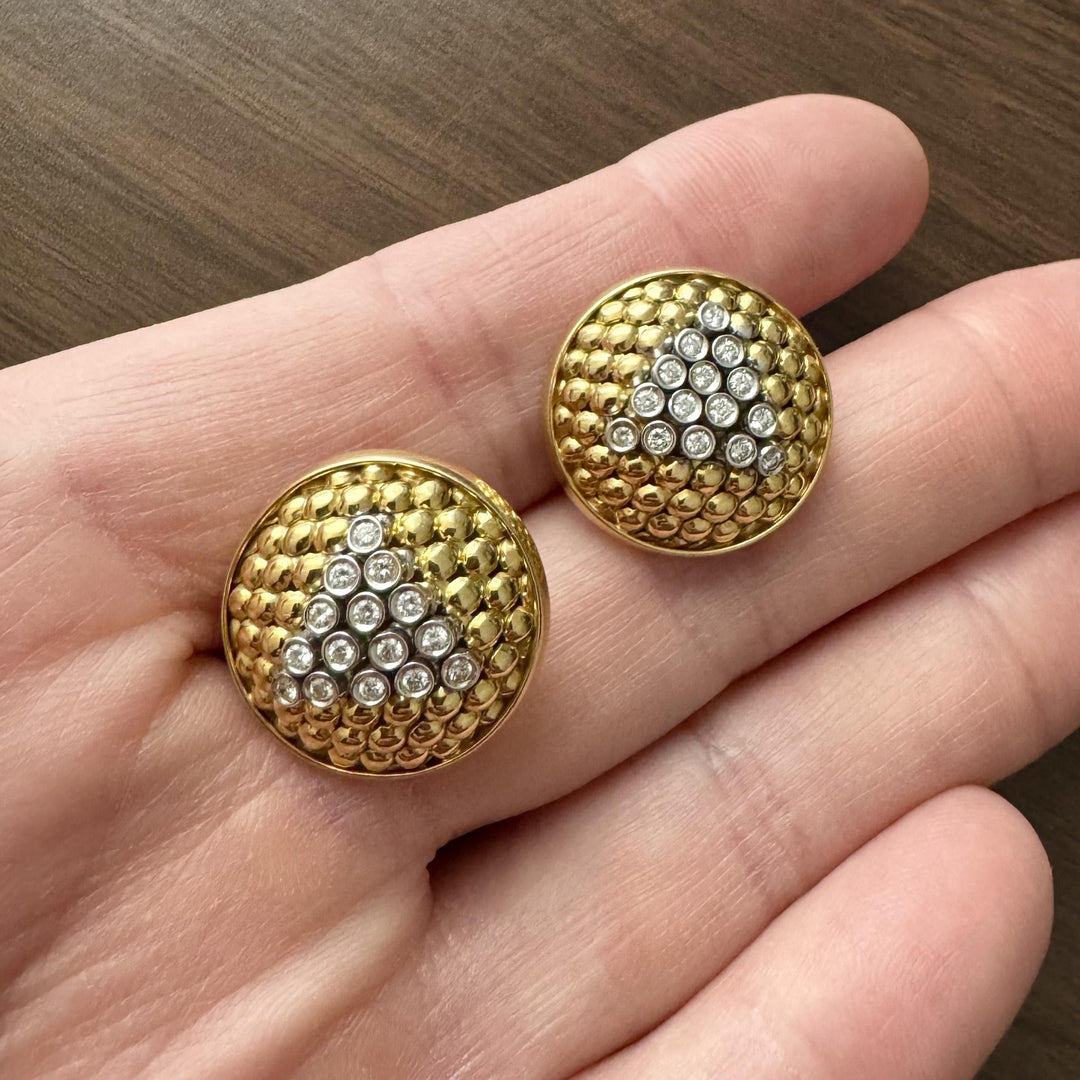 Mouawad 18k Yellow Gold and Bezel Set Diamonds 15.4g Button Stud Earrings