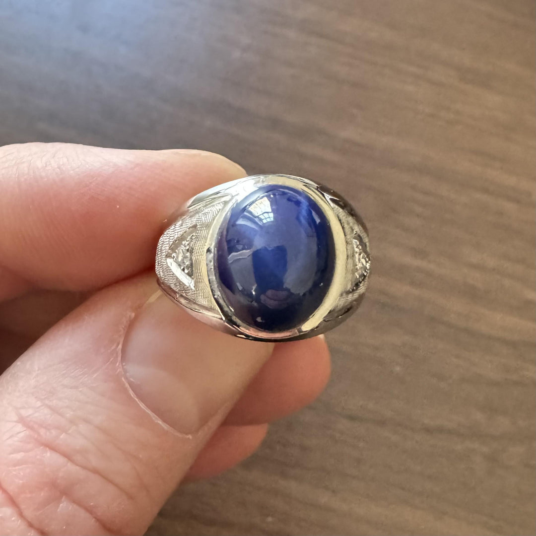 14k White Gold Blue Star Sapphire and Diamond Men's Vintage Ring Size 8.5