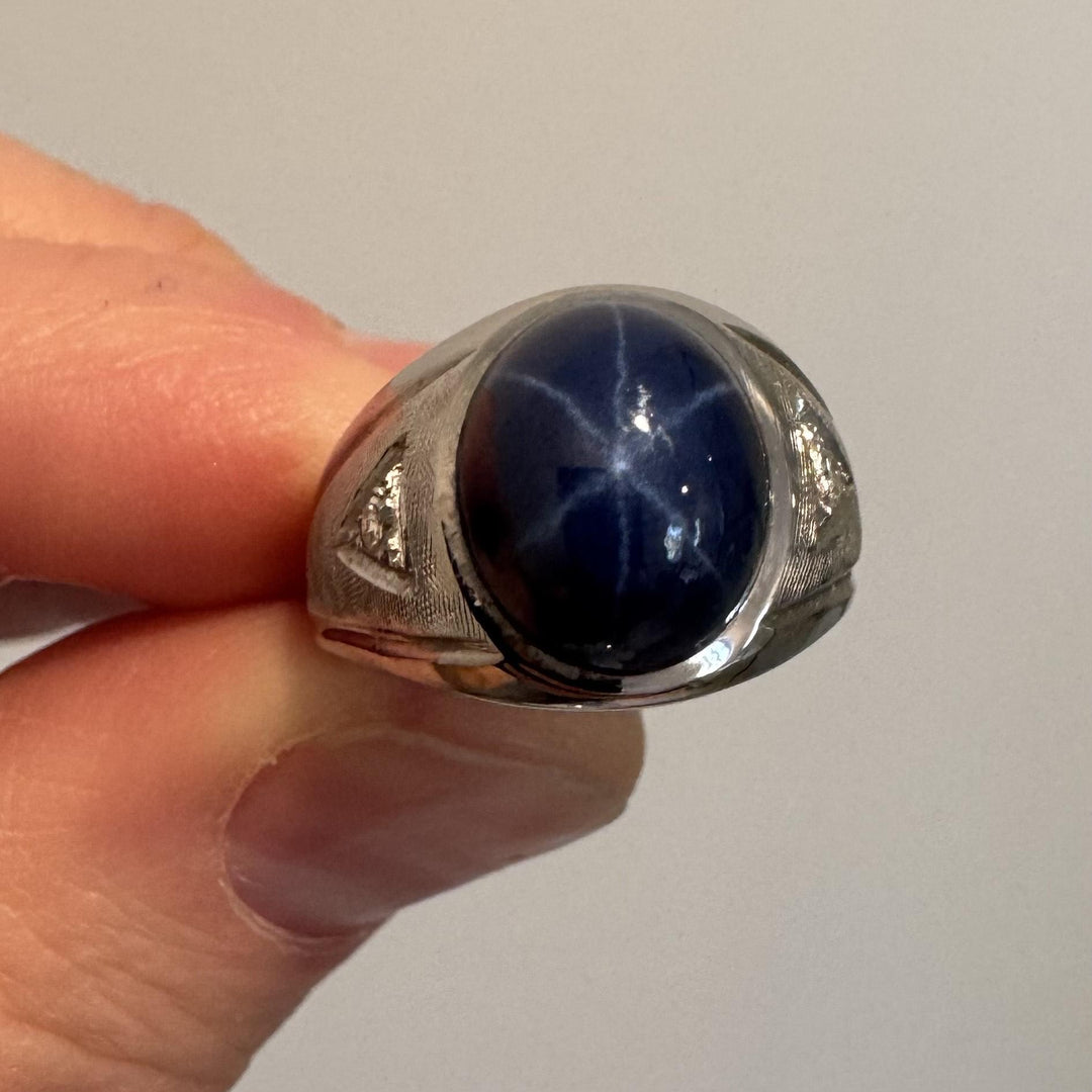 14k White Gold Blue Star Sapphire and Diamond Men's Vintage Ring Size 8.5