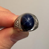 14k White Gold Blue Star Sapphire and Diamond Men's Vintage Ring Size 8.5