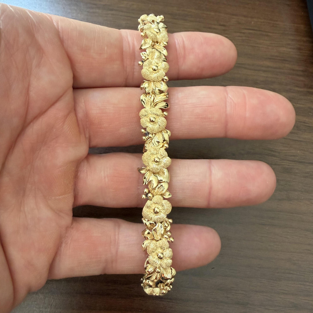 14k Yellow Gold 30g Solid Heavy 12mm Fancy Floral Link Bracelet 7"
