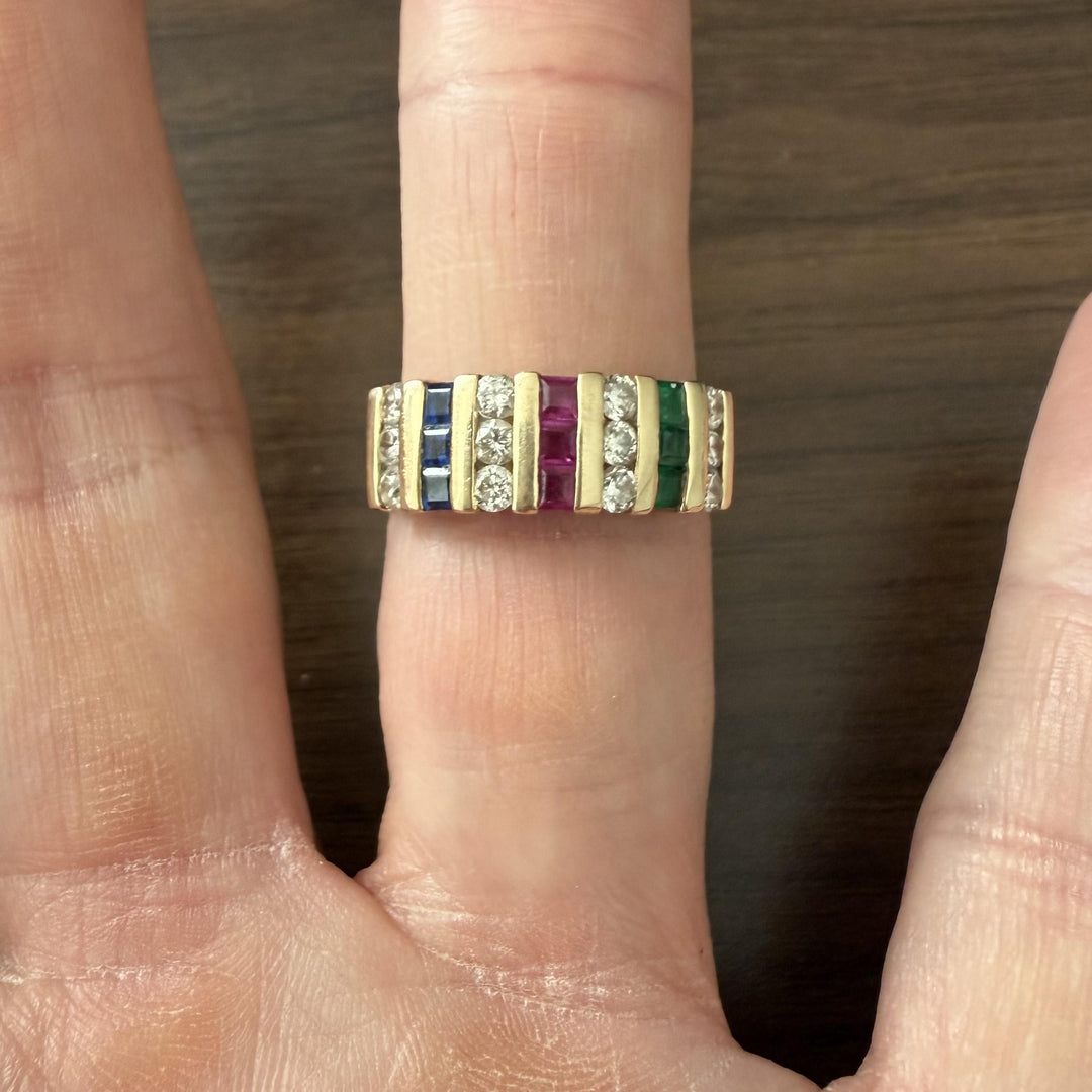 14k Yellow Gold Multi Gemstone and 0.84cttw Diamond Band Ring Size 9.75