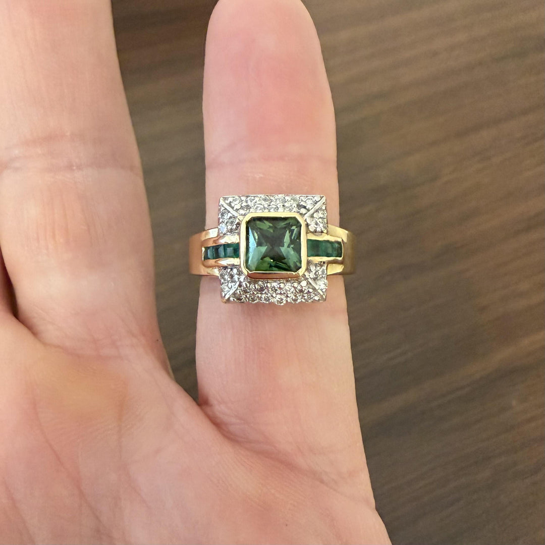 Sonia B 14k Yellow Gold Green Tourmaline Emerald and Diamond Ring Size 7