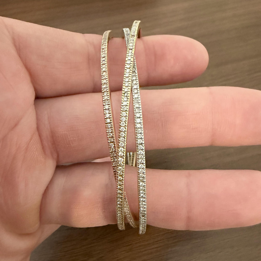 14k Tri Tone Gold 26.5g and 3cttw Diamond Vintage Rolling Bangle Bracelets 7.5"