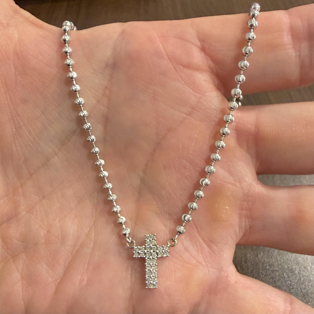 14k White Gold and 0.35cttw Diamond Moon Cut Ball Link Cross Necklace 16.5"