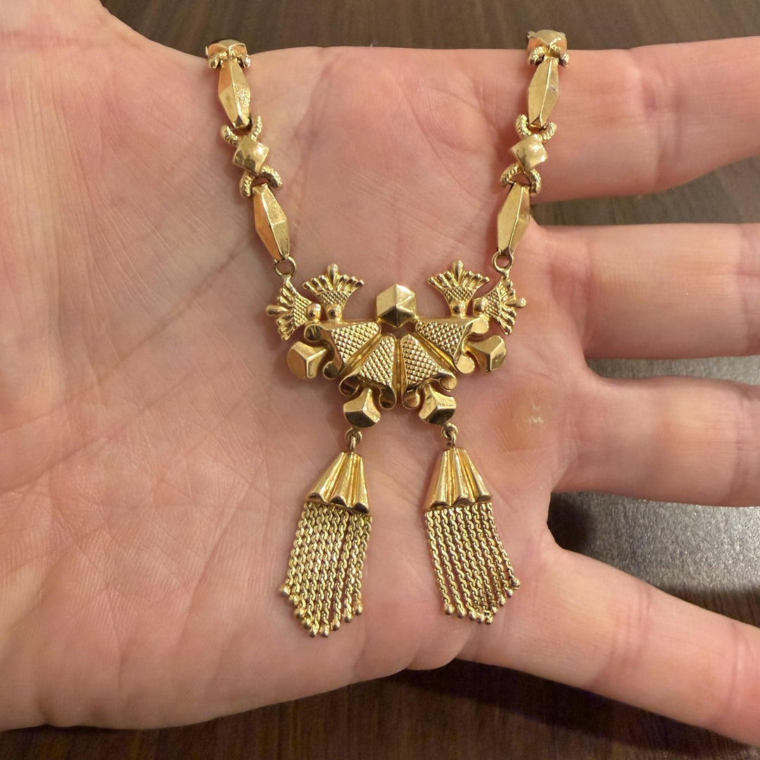 18k Yellow Gold 26g Vintage Fancy Link Drop Pendant Tassel Necklace Italy 18"