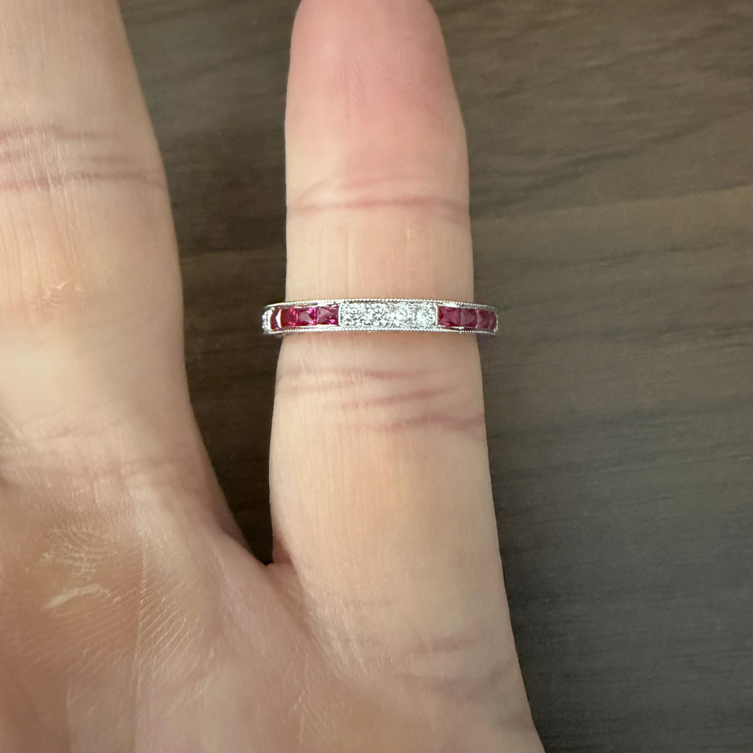 Beverly K 18k White Gold 0.45cttw Diamond and Ruby Milgrain Band Ring Size 6.5