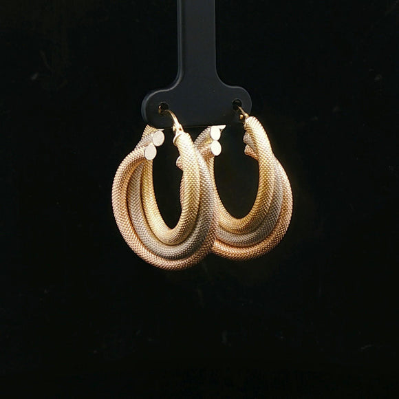 18k Yellow White and Rose Gold 7.8g Textured Twisted Hoop Earrings Italy 1.25