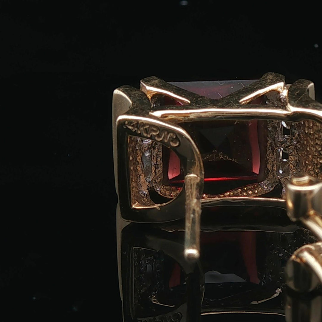 14k Yellow Gold Red Garnet and Diamond Vintage Huggie Earrings
