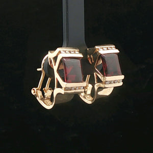 14k Yellow Gold Red Garnet and Diamond Vintage Huggie Earrings