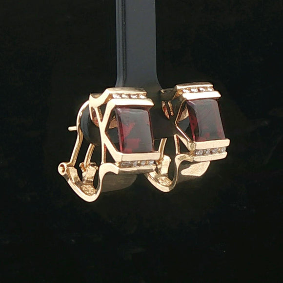 14k Yellow Gold Red Garnet and Diamond Vintage Huggie Earrings