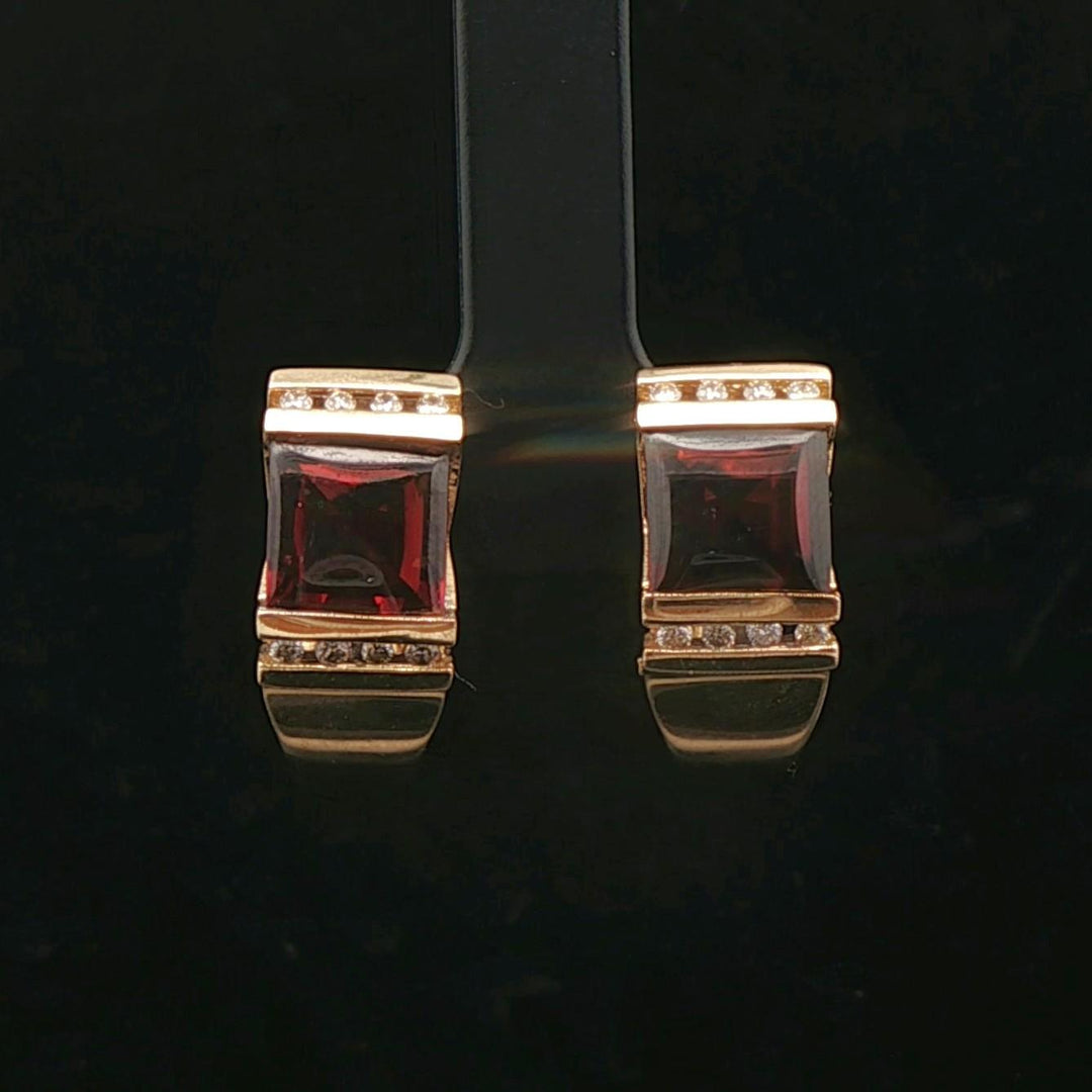 14k Yellow Gold Red Garnet and Diamond Vintage Huggie Earrings