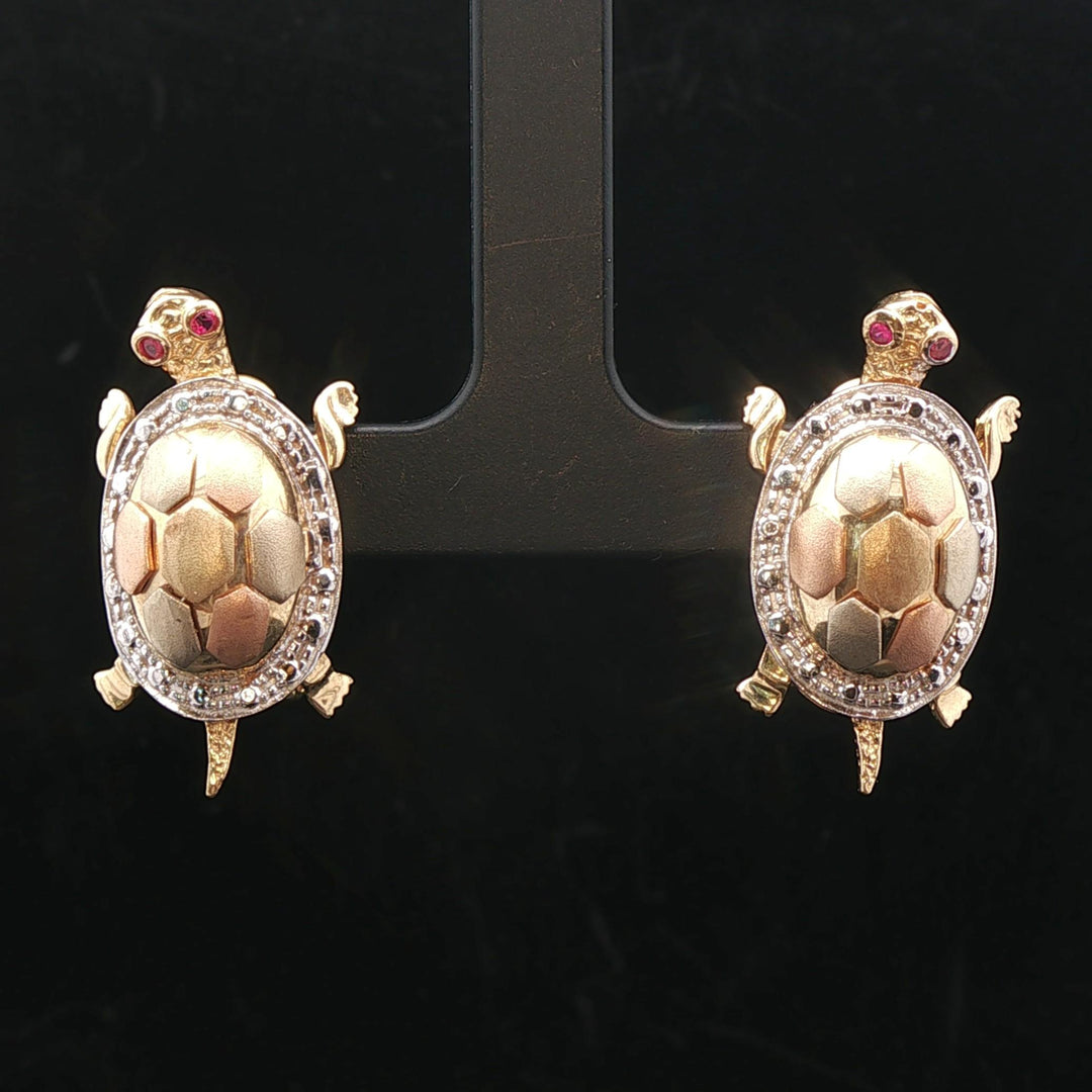 14k Yellow White and Rose Gold 14g Ruby Eye Turtle Stud Earrings