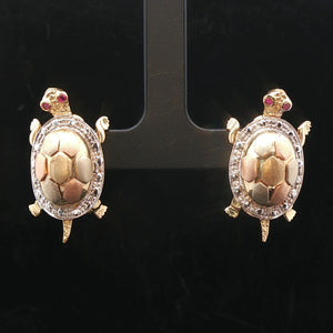 14k Yellow White and Rose Gold 14g Ruby Eye Turtle Stud Earrings
