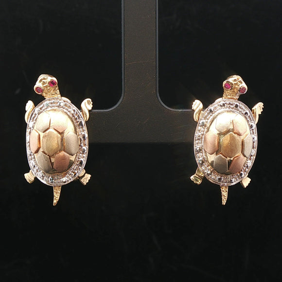 14k Yellow White and Rose Gold 14g Ruby Eye Turtle Stud Earrings
