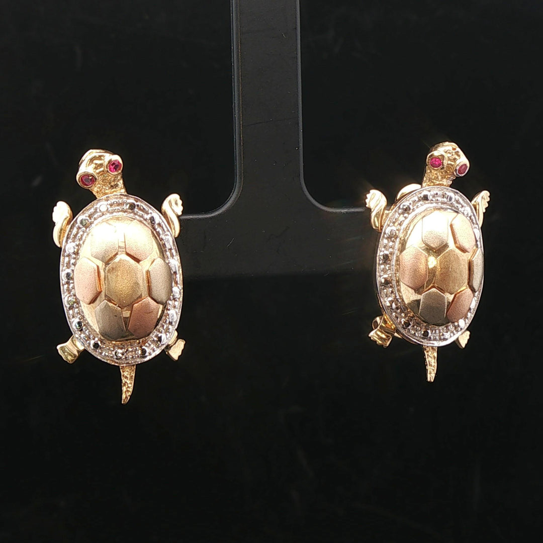 14k Yellow White and Rose Gold 14g Ruby Eye Turtle Stud Earrings