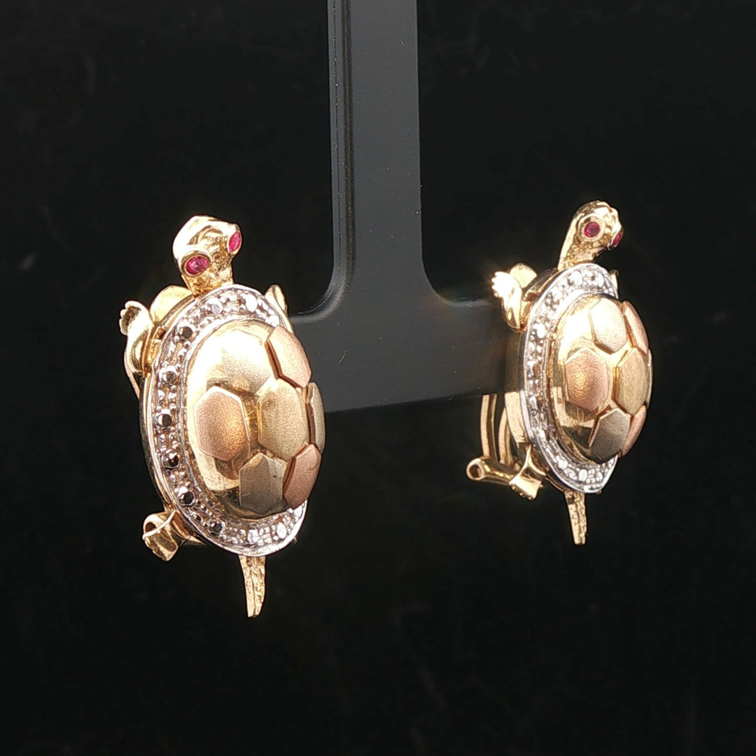 14k Yellow White and Rose Gold 14g Ruby Eye Turtle Stud Earrings