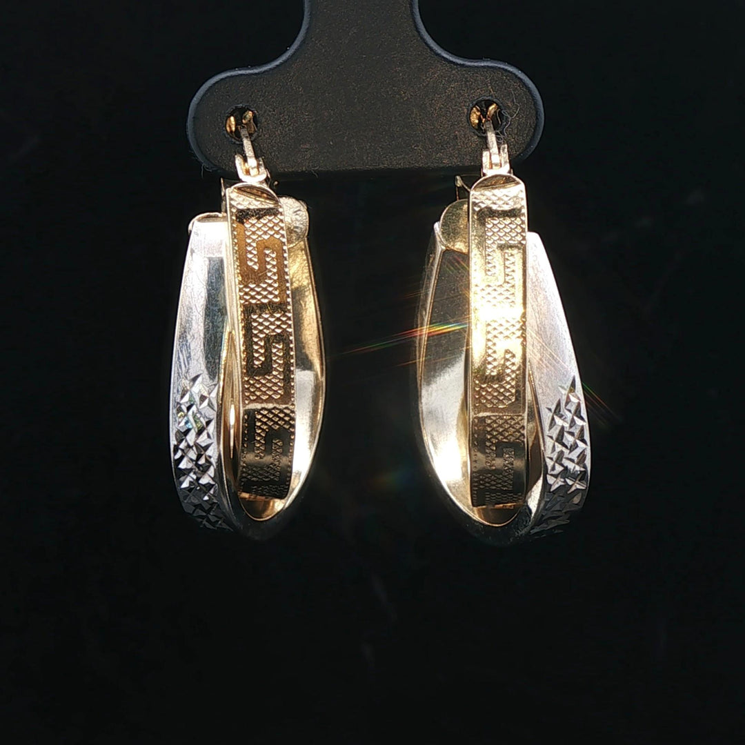 14k Yellow and White Gold 5.3g Greek Key Crossover Hoop Earrings 1.15"