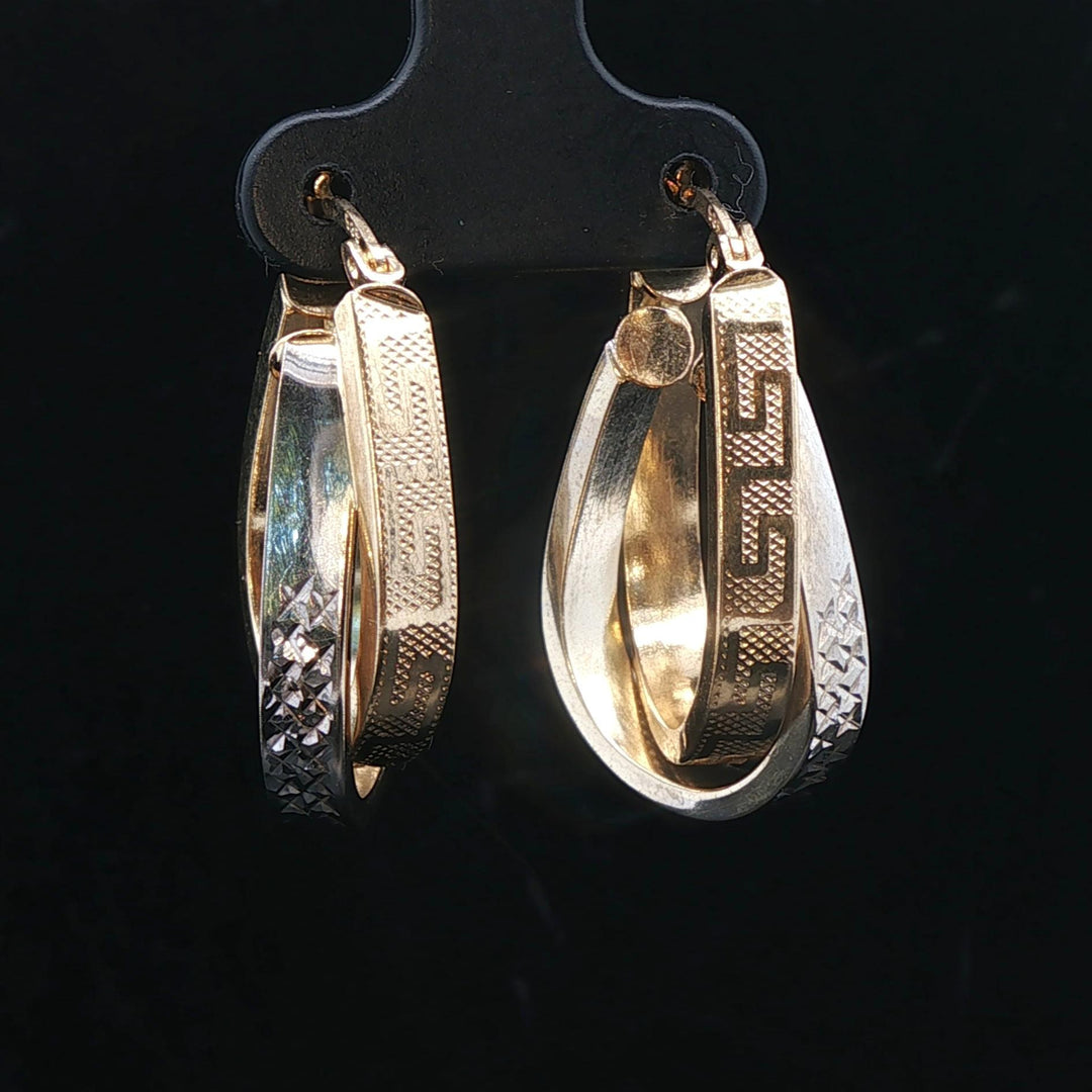 14k Yellow and White Gold 5.3g Greek Key Crossover Hoop Earrings 1.15"
