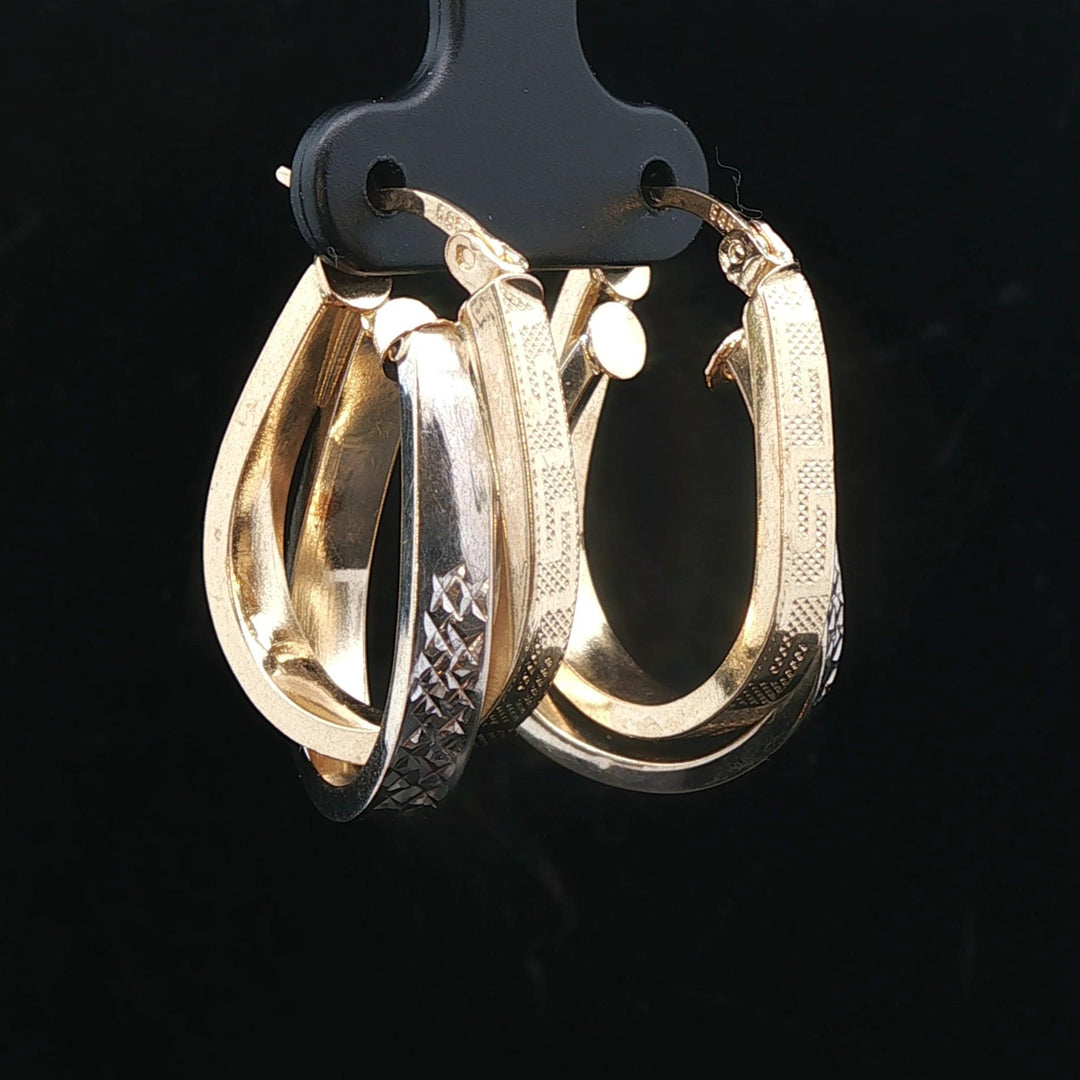 14k Yellow and White Gold 5.3g Greek Key Crossover Hoop Earrings 1.15"
