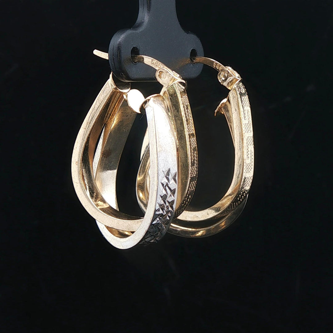 14k Yellow and White Gold 5.3g Greek Key Crossover Hoop Earrings 1.15"