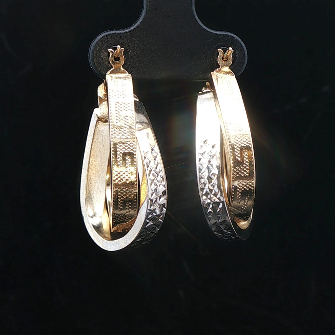14k Yellow and White Gold 5.3g Greek Key Crossover Hoop Earrings 1.15"
