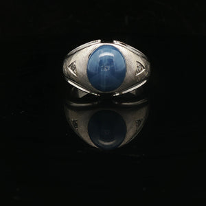 14k White Gold Blue Star Sapphire and Diamond Men's Ring Size