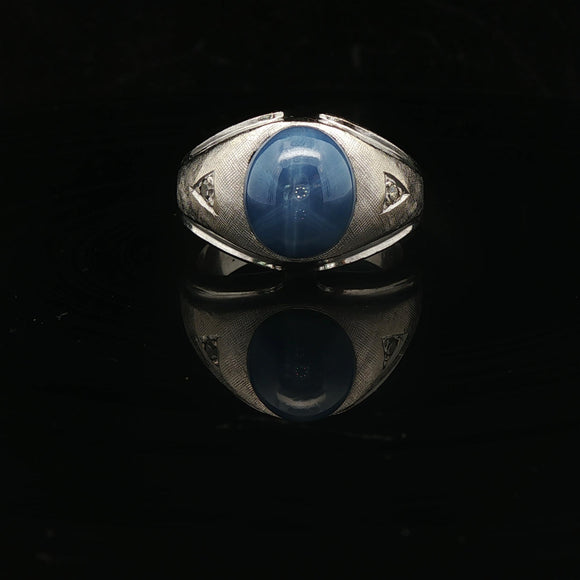 14k White Gold Blue Star Sapphire and Diamond Men's Ring Size