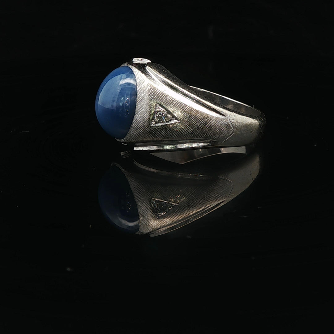 14k White Gold Blue Star Sapphire and Diamond Men's Ring Size
