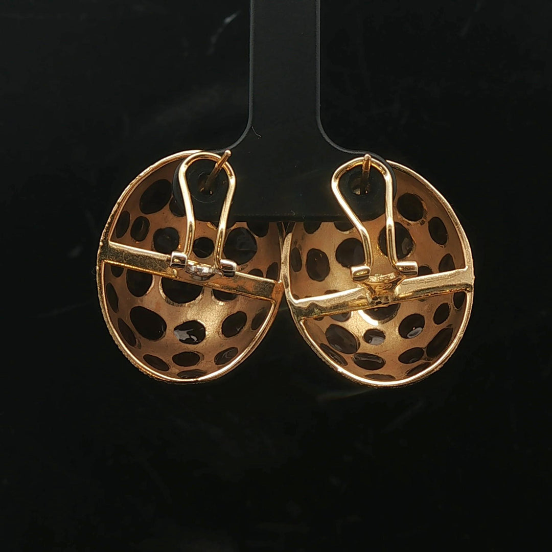 18k Yellow Gold and Black Enamel 12.5g Large Spotted Button Earrings 1"