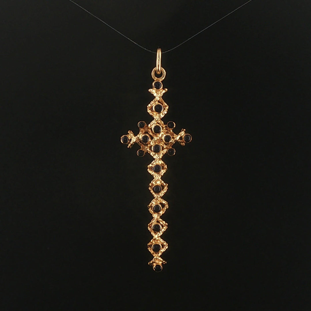 18k Yellow Gold and Black Enamel Vintage Long Cross Pendant 2.25"