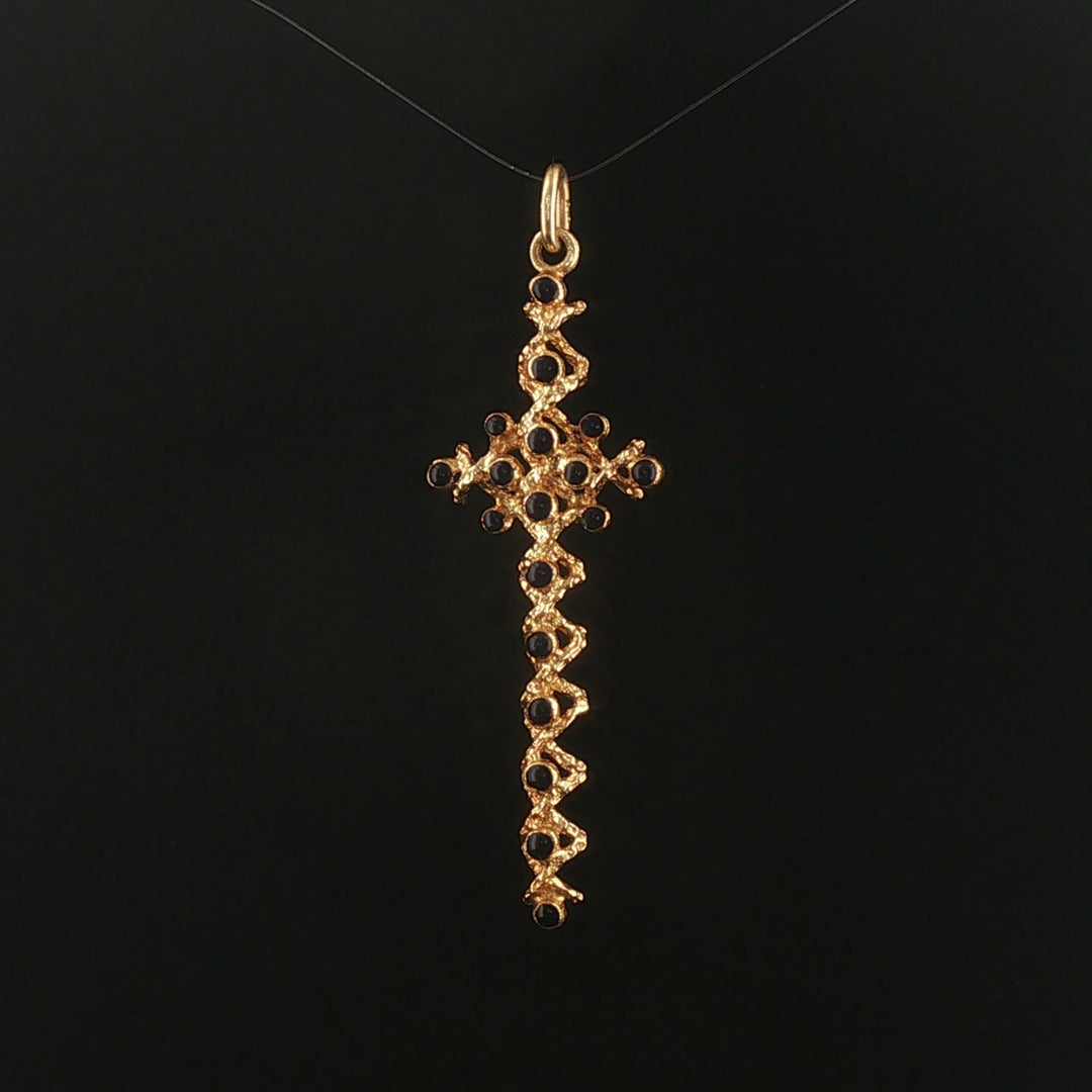 18k Yellow Gold and Black Enamel Vintage Long Cross Pendant 2.25"