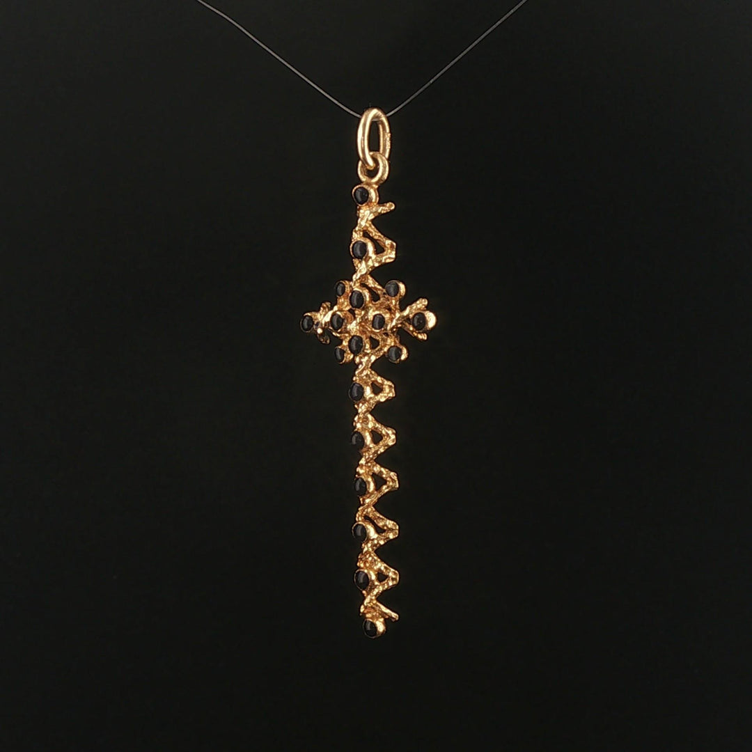 18k Yellow Gold and Black Enamel Vintage Long Cross Pendant 2.25"