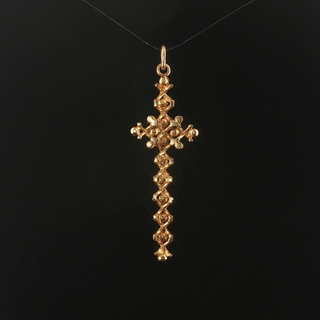 18k Yellow Gold and Black Enamel Vintage Long Cross Pendant 2.25"
