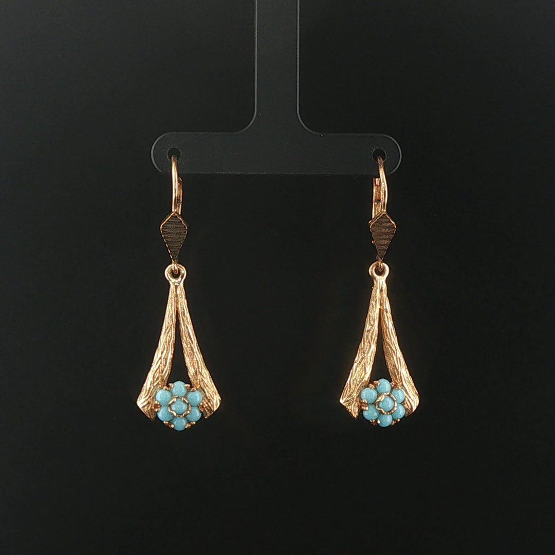 18k Yellow Gold and Turquoise Vintage Drop Dangle Earrings 1.85"