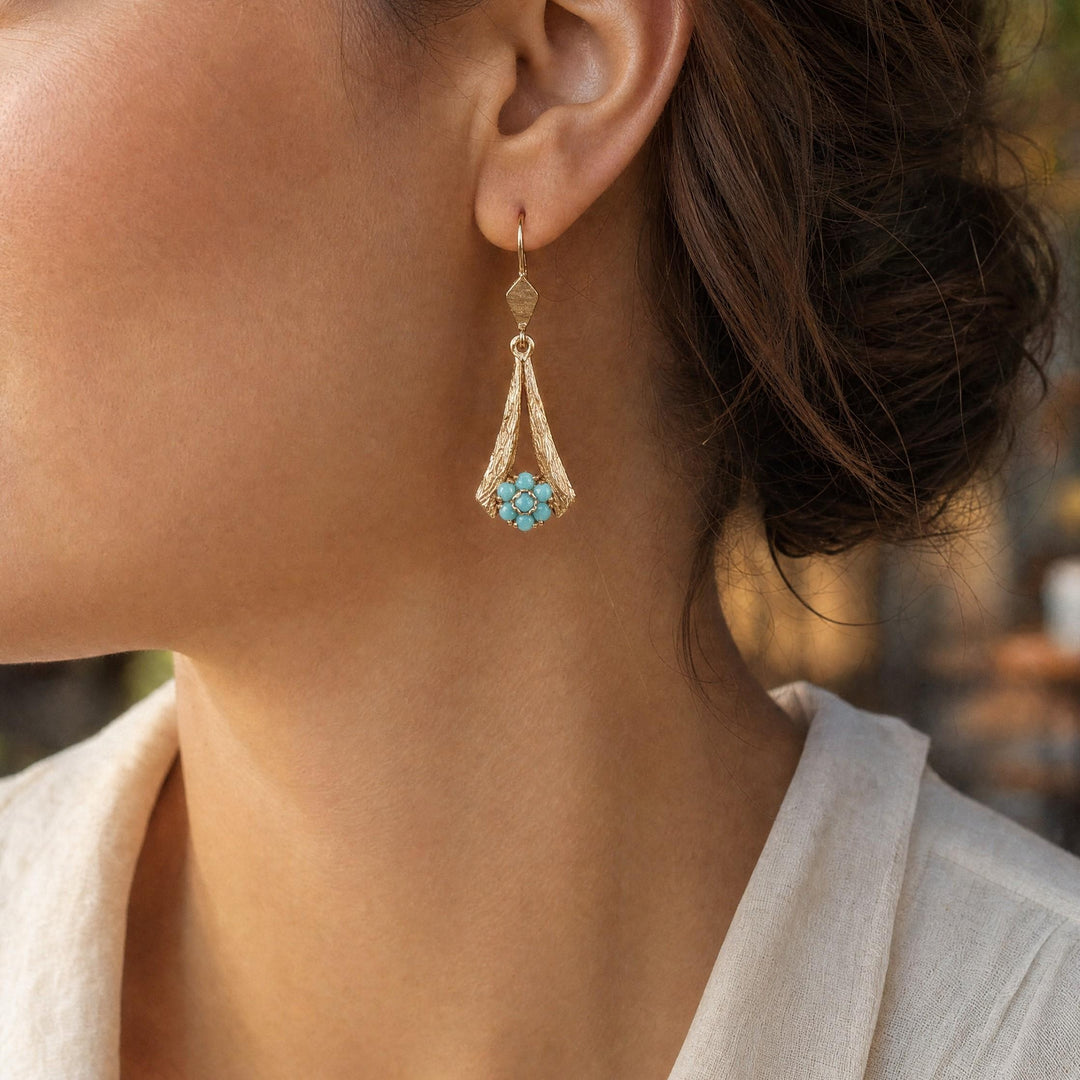 18k Yellow Gold and Turquoise Vintage Drop Dangle Earrings 1.85"